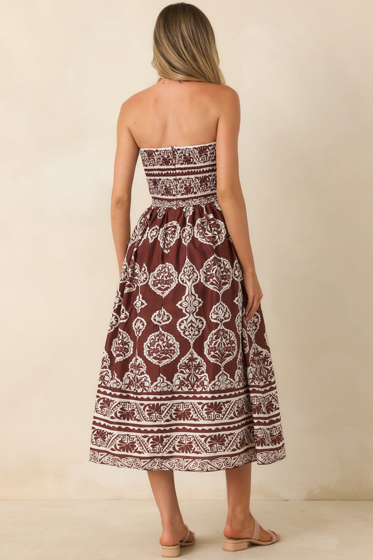 Painted Passage Chocolate & Ivory Cotton Strapless Midi Dress
