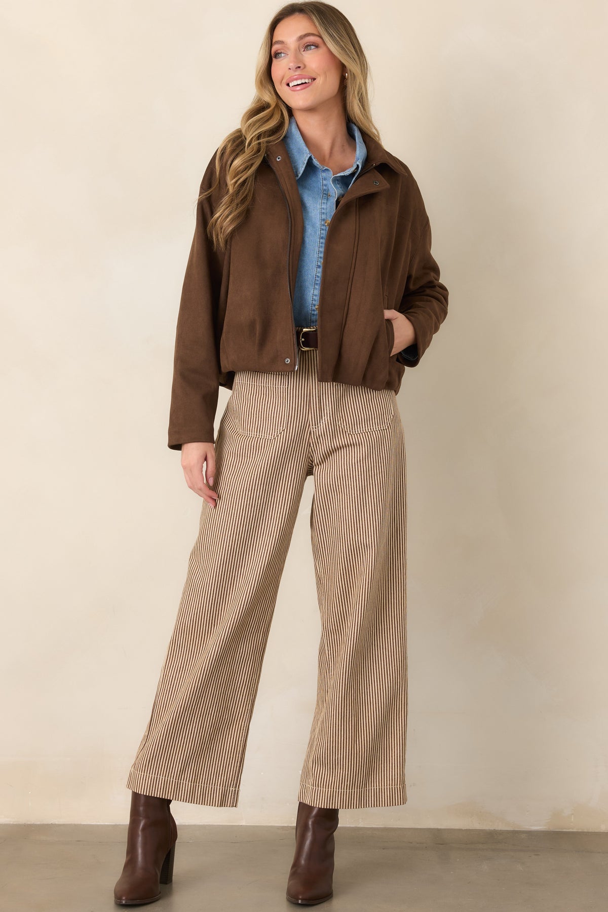 All Part of the Plan Brown Faux Suede Zip Front Jacket