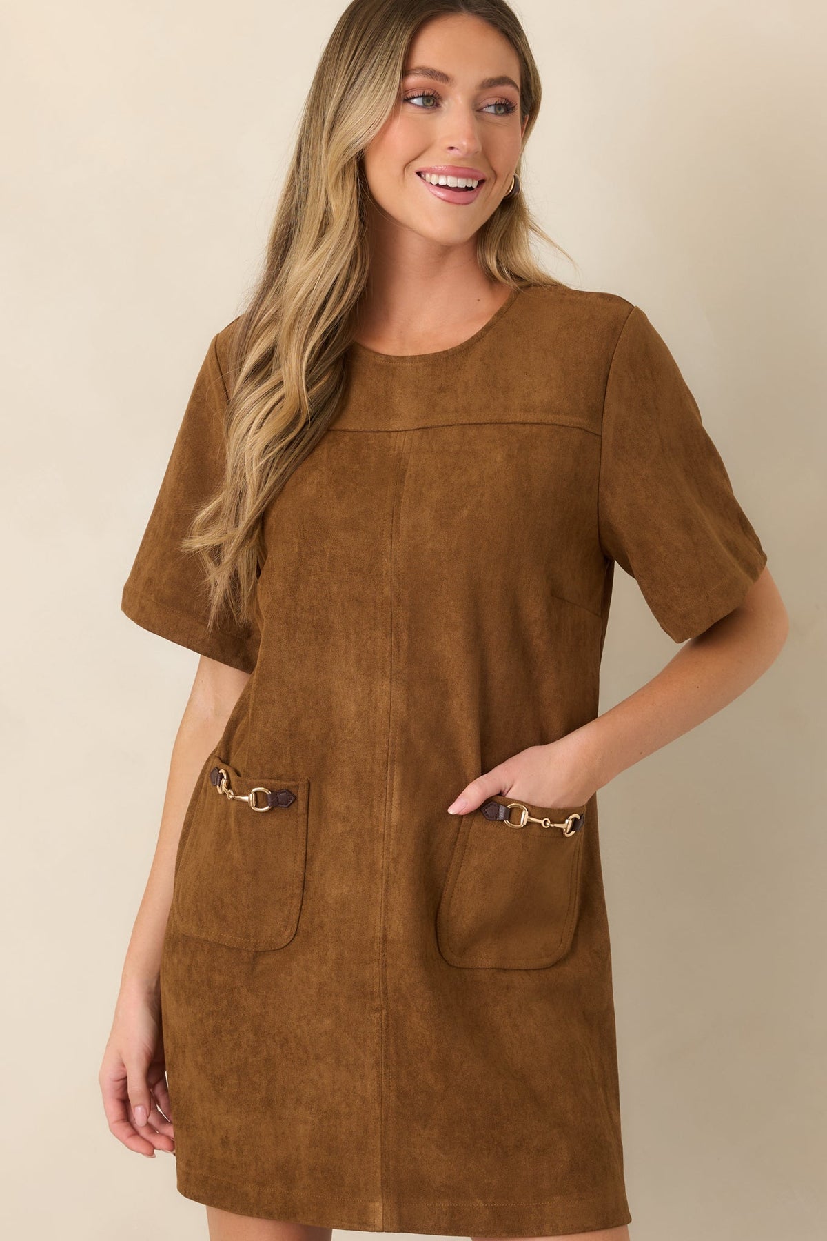After the Derby Brown Faux Suede Horsebit Mini Dress