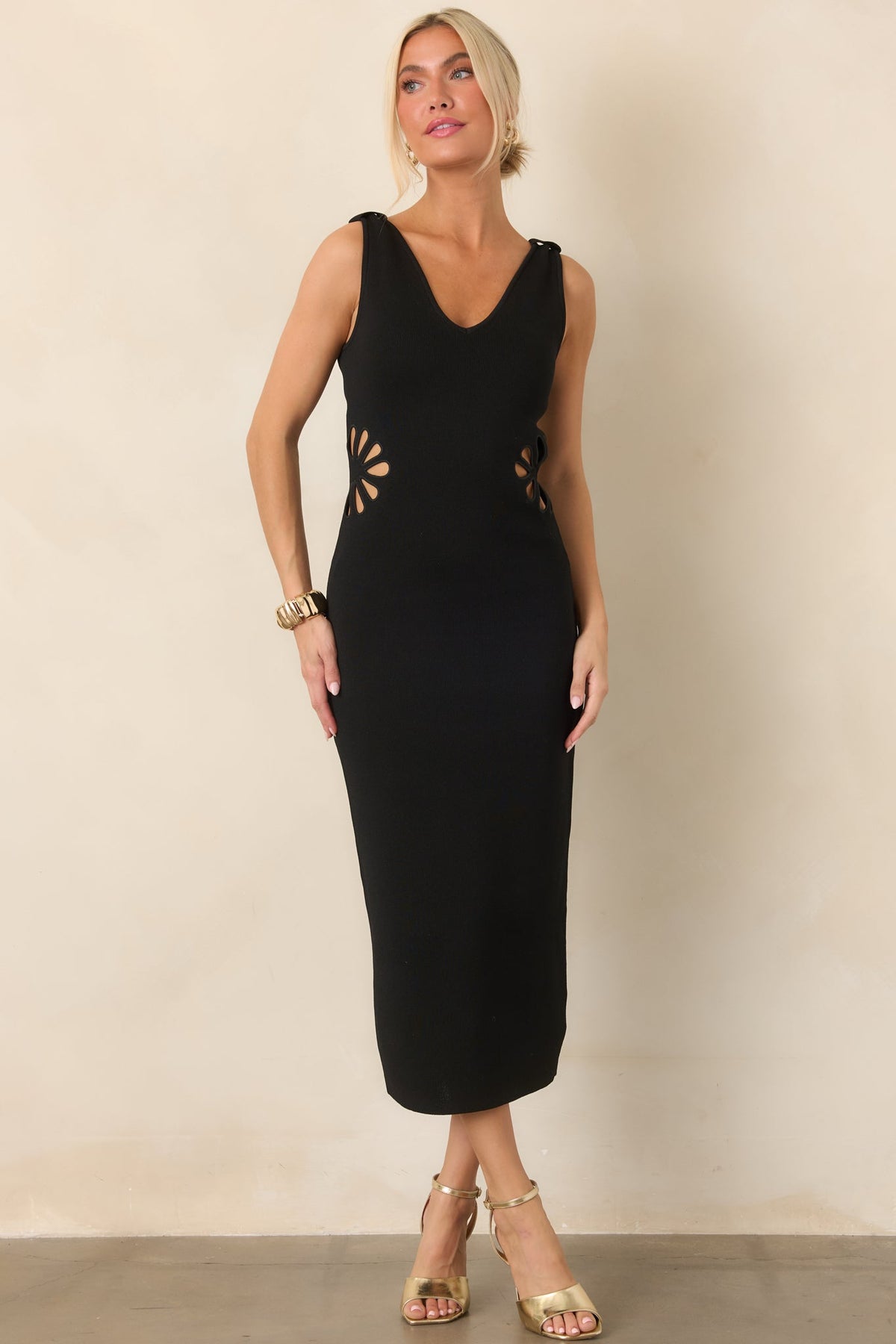Nothing to Hide Black Floral Cutout Knit Midi Dress