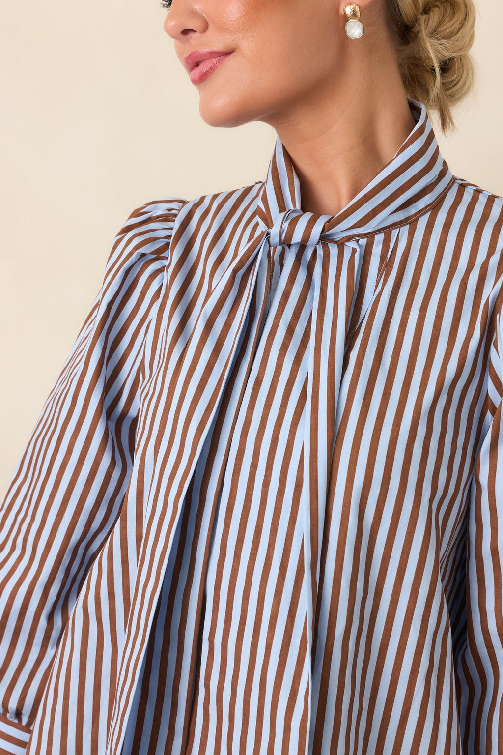 Read Between the Lines Blue & Brown Stripe Tie Neck Blouse