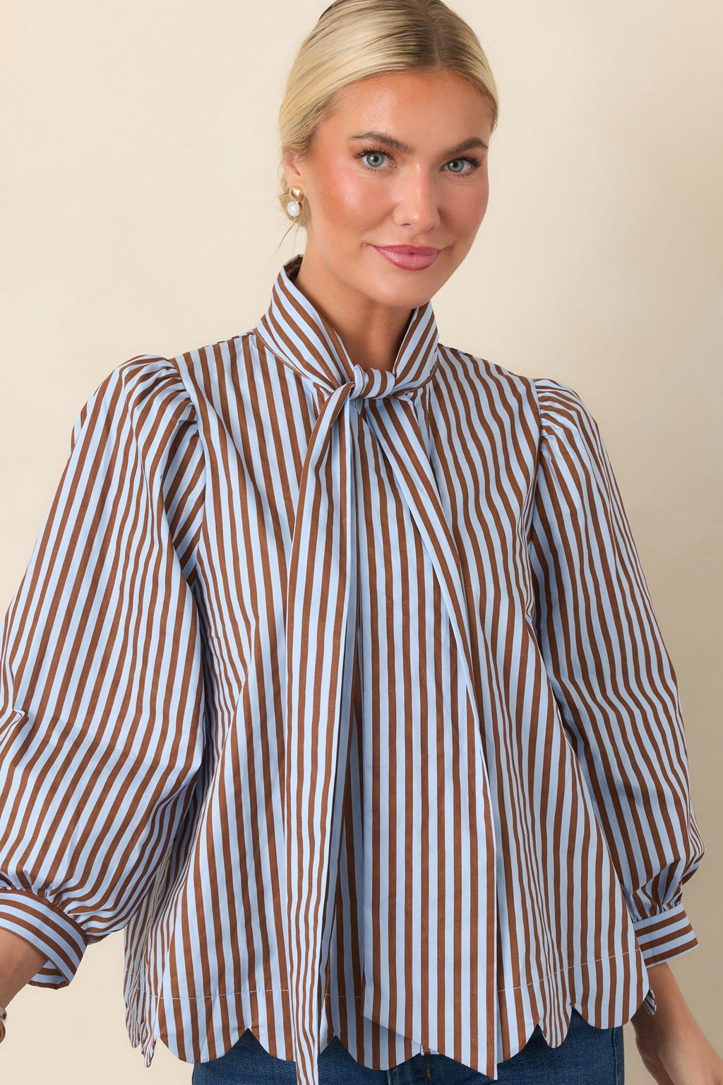 Read Between the Lines Blue & Brown Stripe Tie Neck Blouse