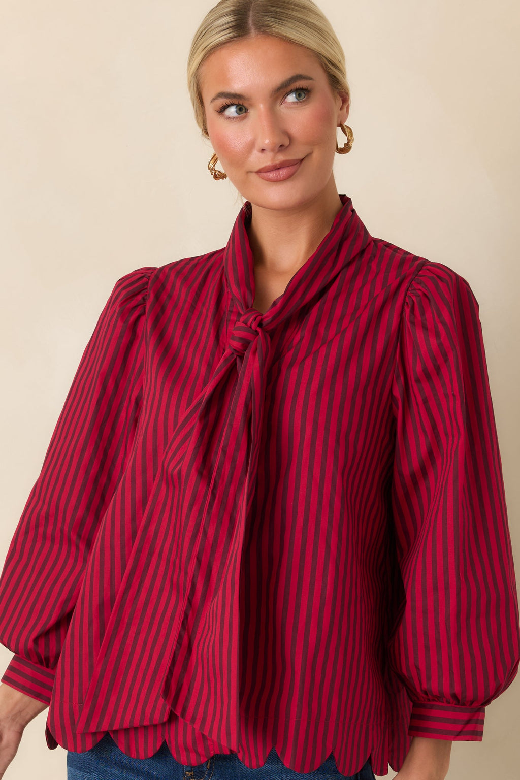 Read Between the Lines Red & Brown Stripe Tie Neck Blouse