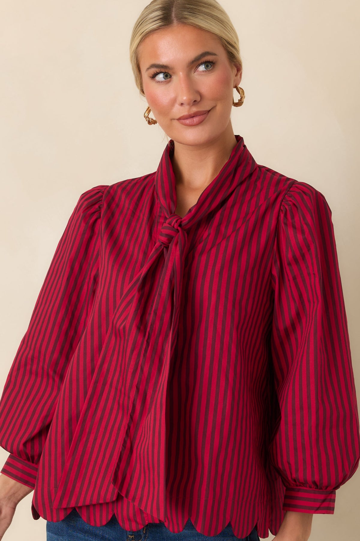 Read Between the Lines Red & Brown Stripe Tie Neck Blouse