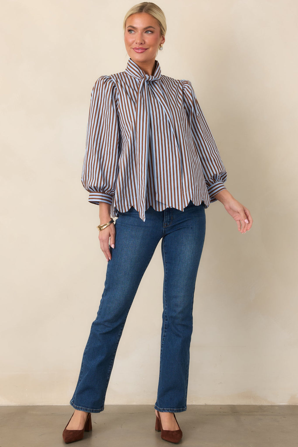 Read Between the Lines Blue & Brown Stripe Tie Neck Blouse