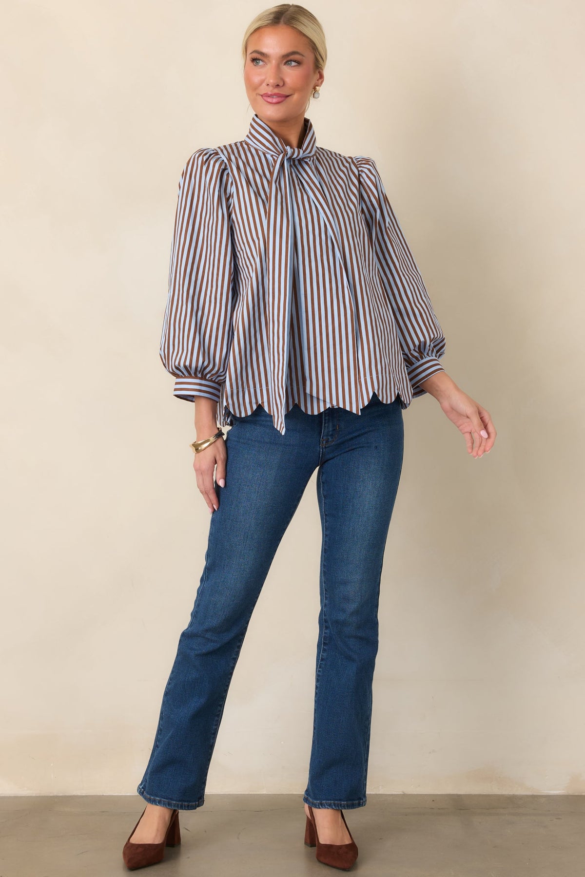 Read Between the Lines Blue & Brown Stripe Tie Neck Blouse