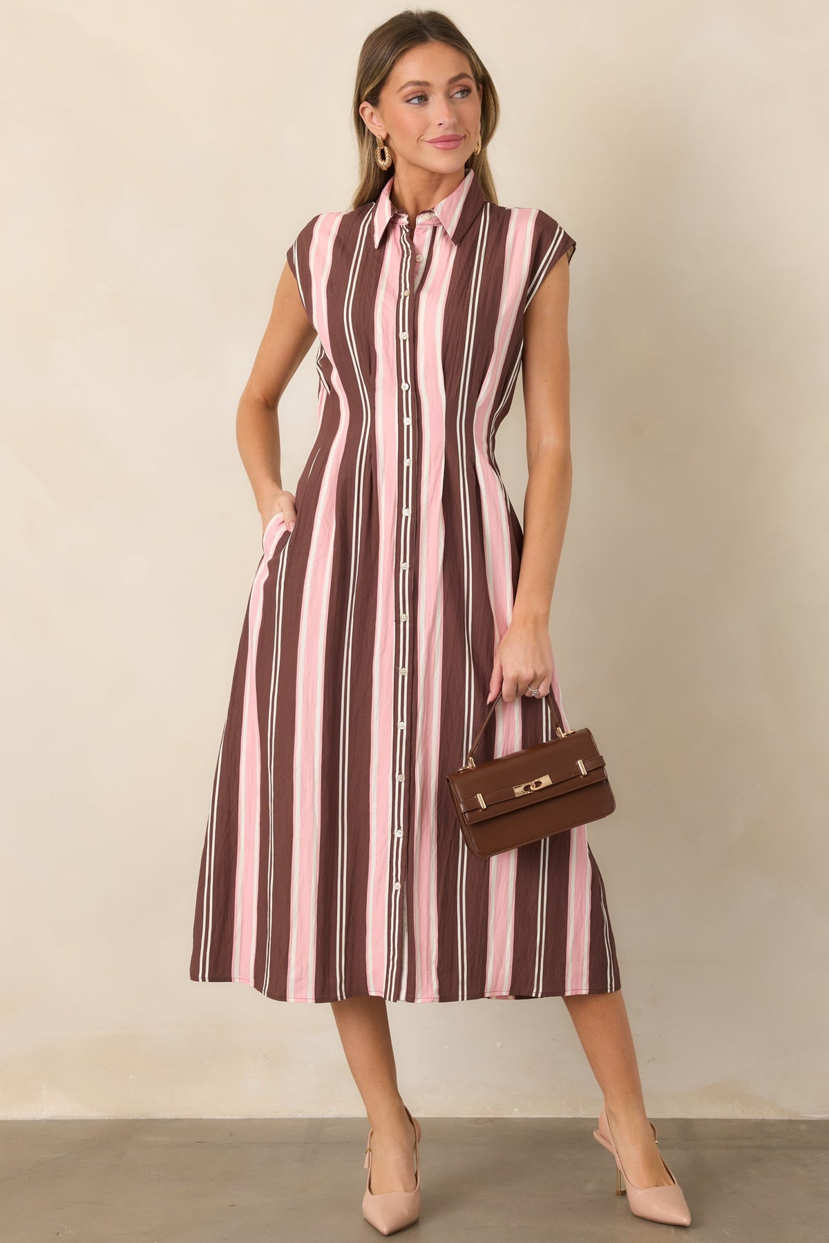 Coffee & Conversation Brown & Pink Stripe Midi Shirt Dress