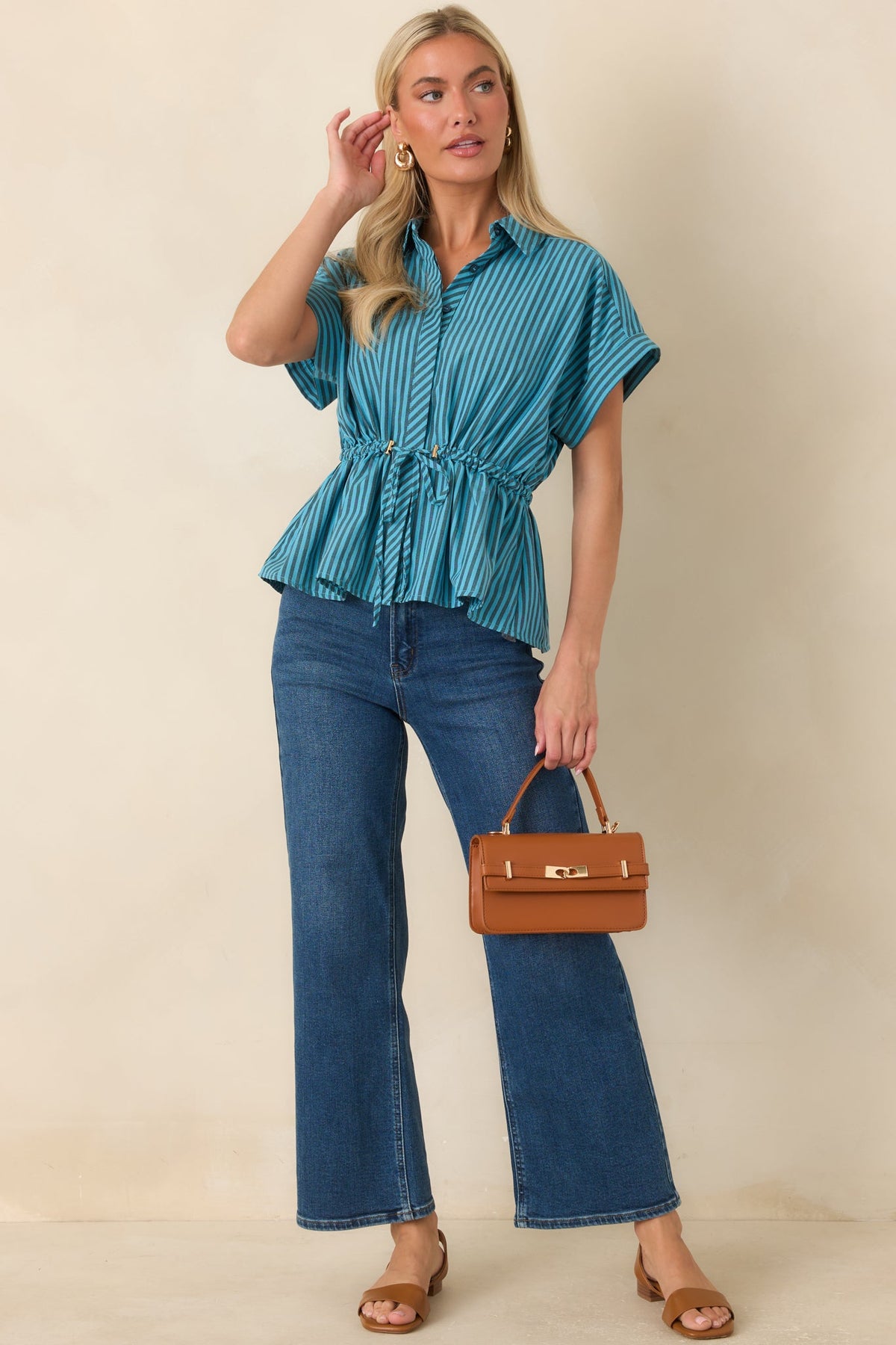 Drawing Attention Turquoise Striped Cinch Waist Top
