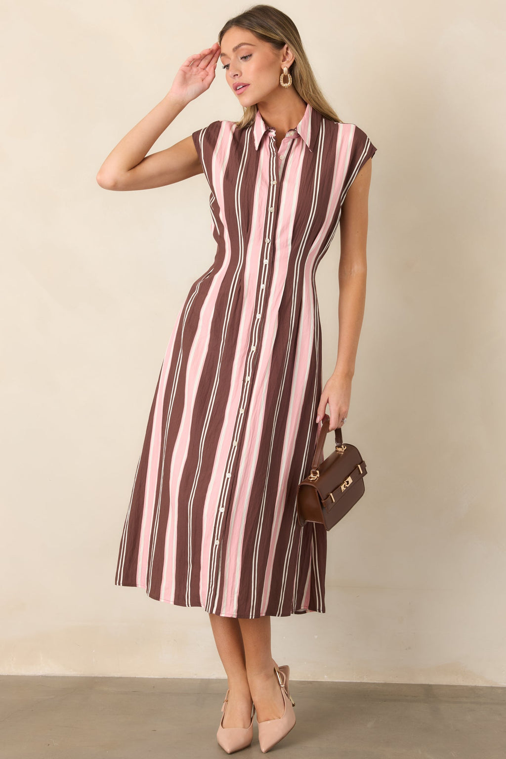 Coffee & Conversation Brown & Pink Stripe Midi Shirt Dress