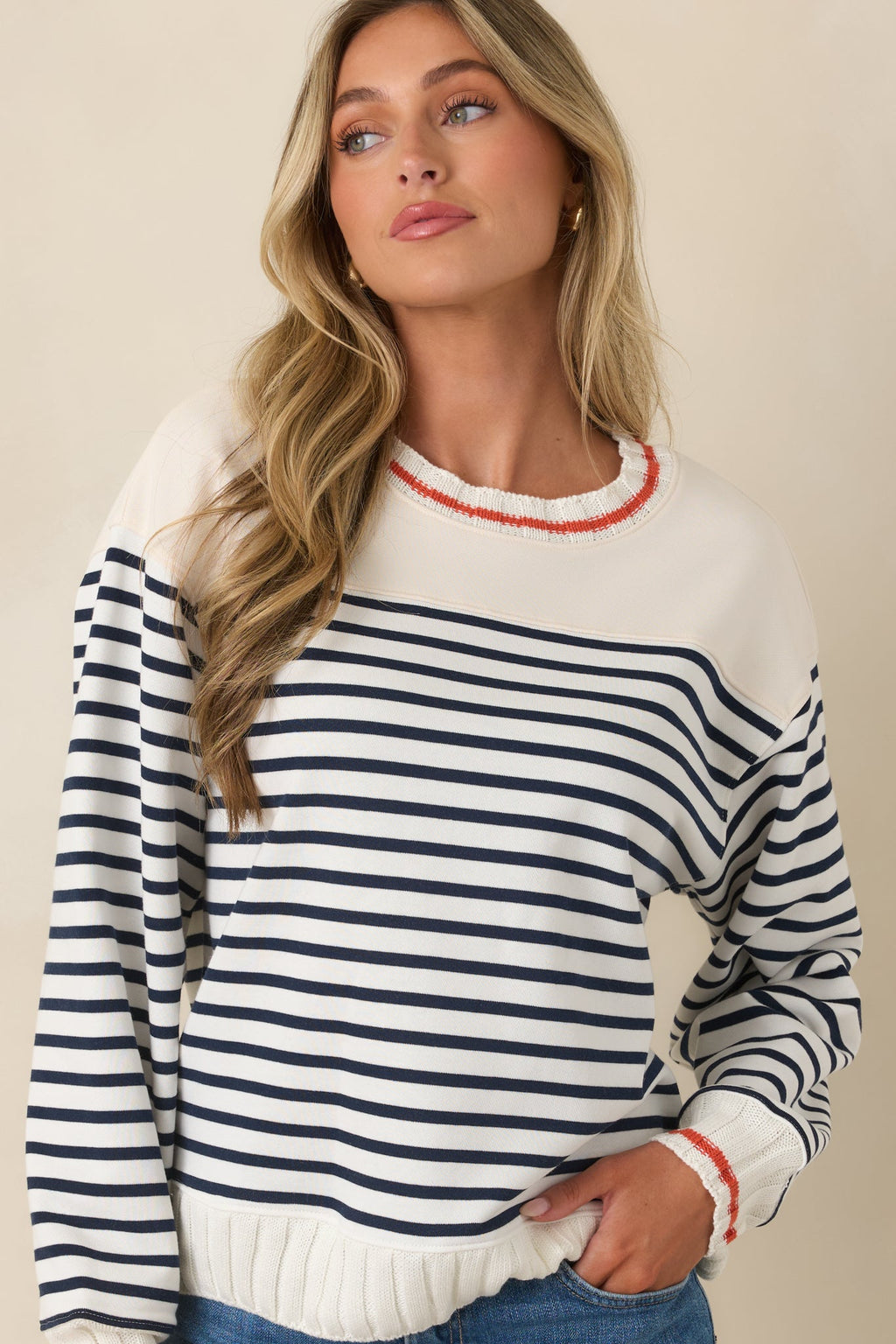 Wherever the Day Goes Ivory & Navy Stripe Cotton Blend Pullover