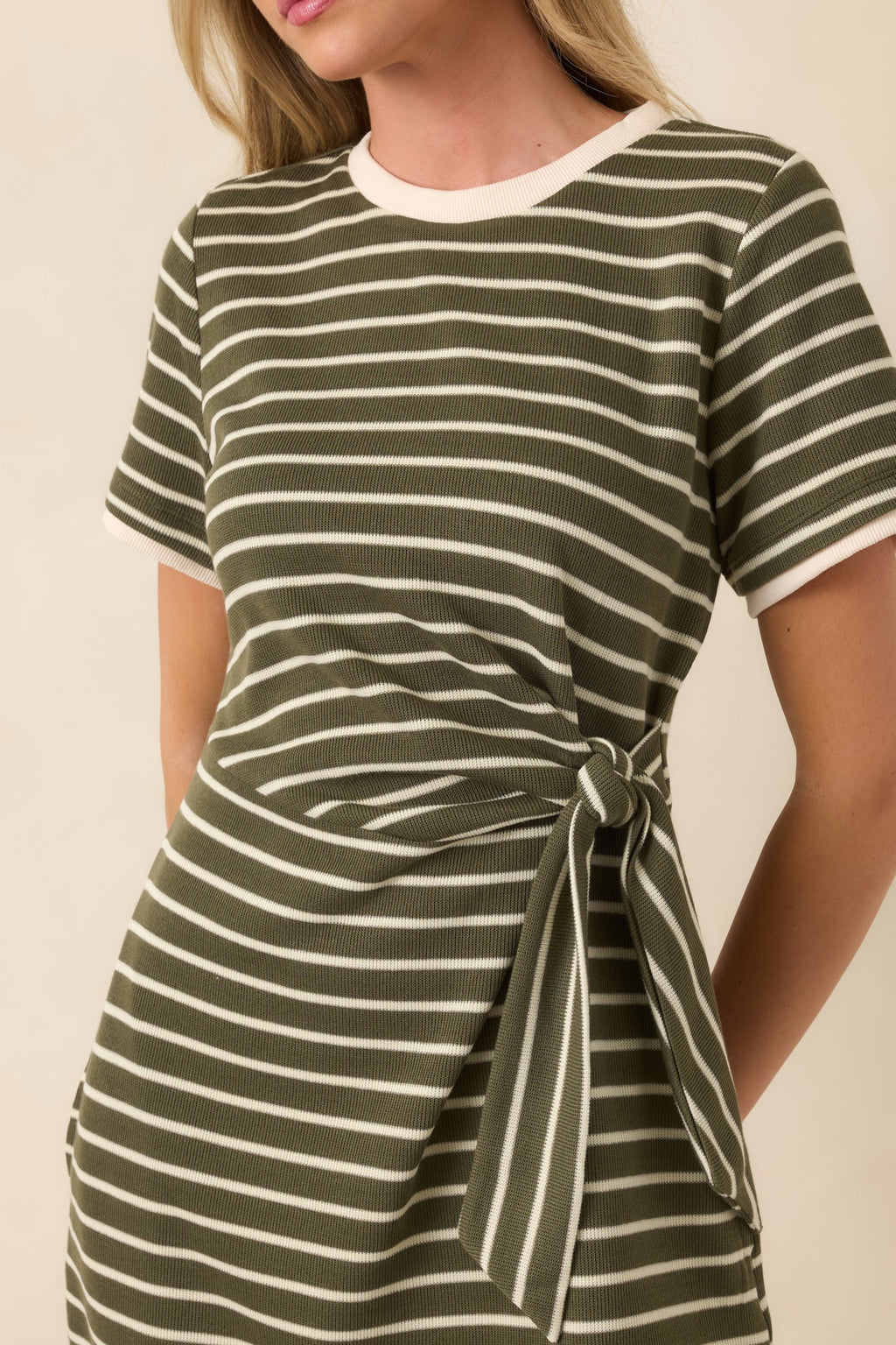 On Your Side Olive Stripe Tie Mini Dress