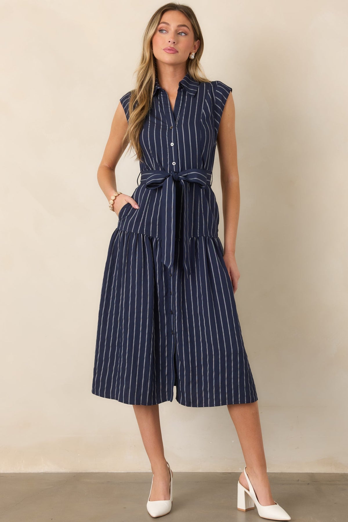 Always On Course Navy Striped Button Front Midi Dress