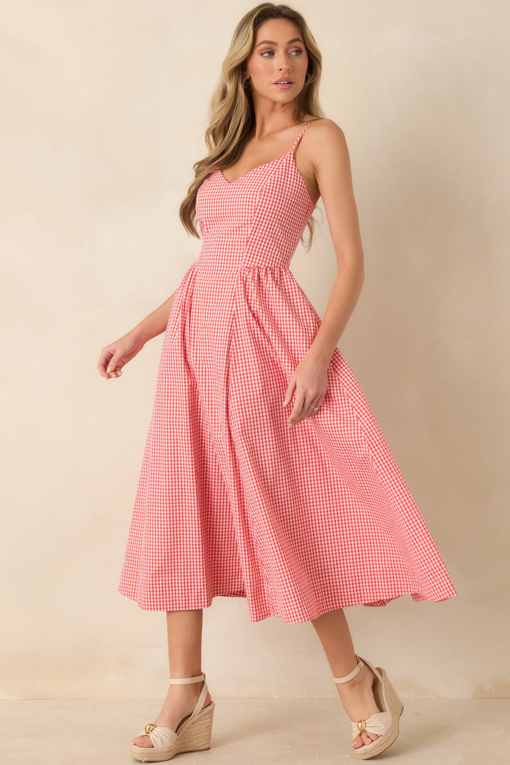 Weekend on the Coast Poppy Red Gingham Sleeveless Midi Dress