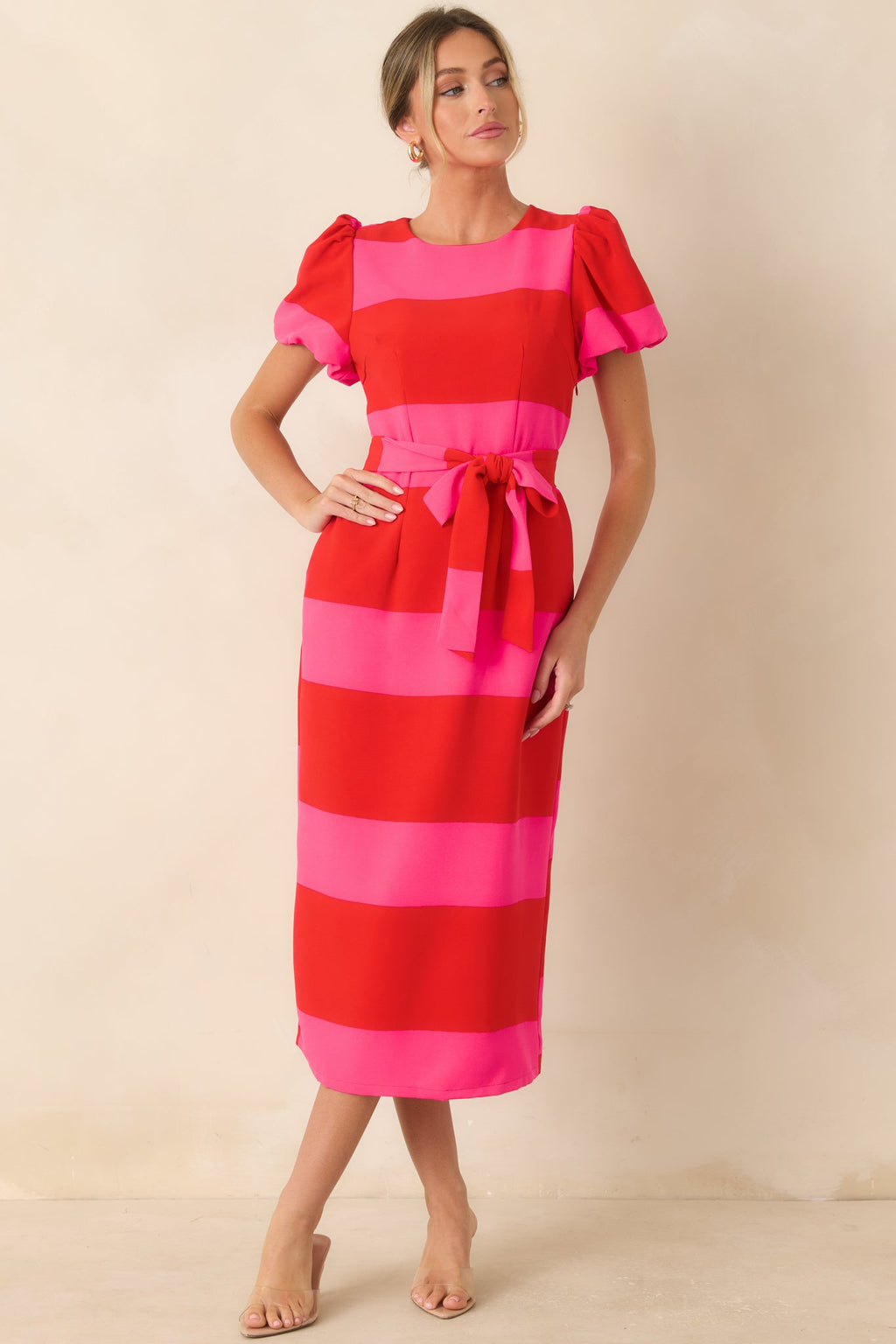 Boldly Yours Red & Pink Stripe Puff Sleeve Midi Dress