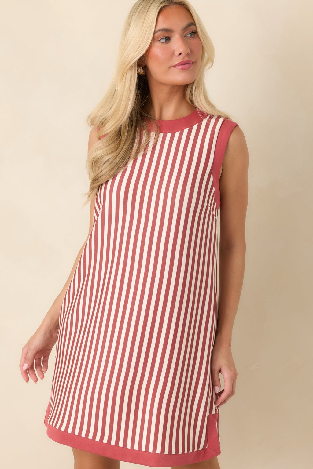 On the Roster Terracotta & Ivory Striped Shift Mini Dress