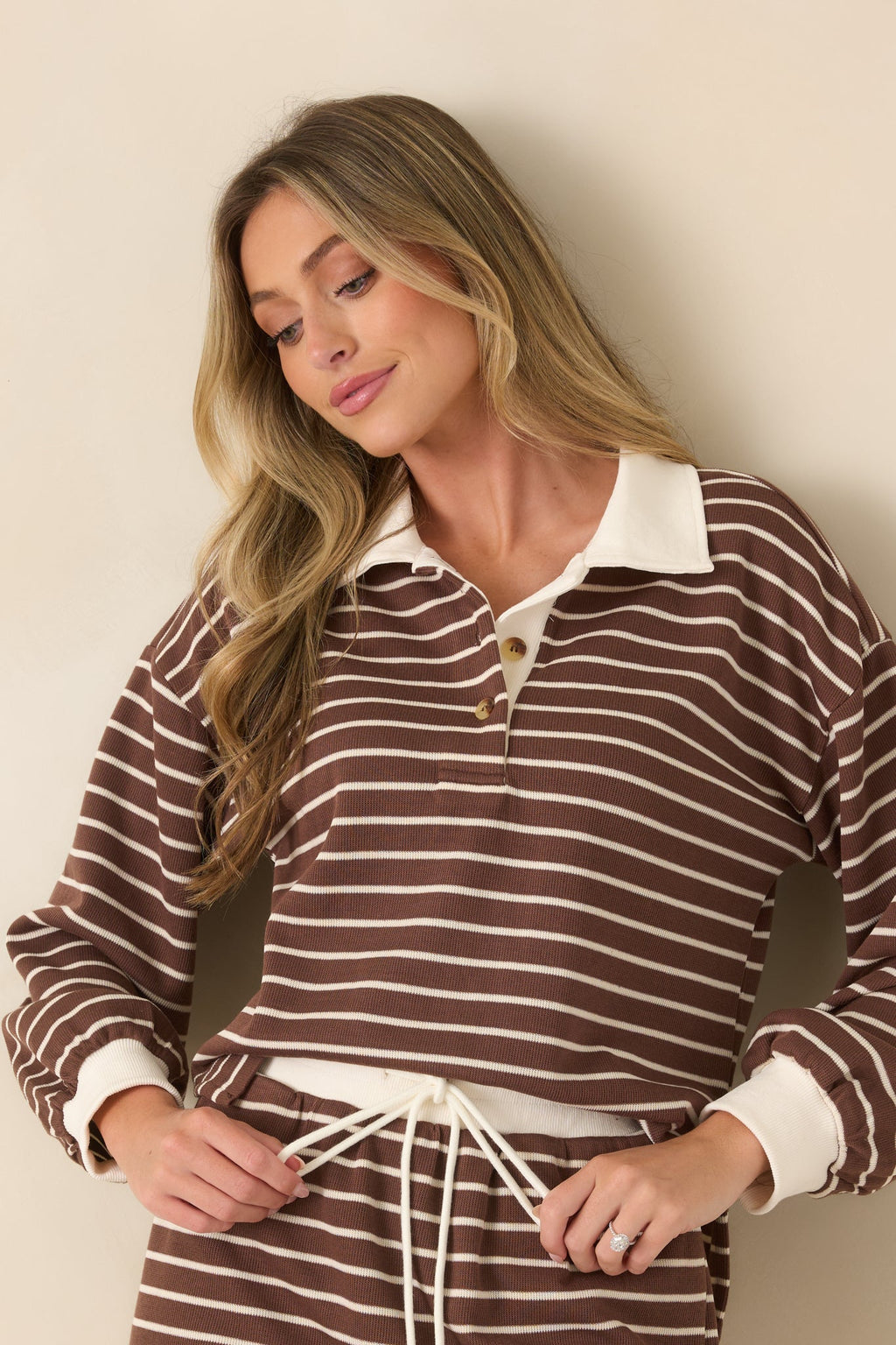 Free for the Day Chocolate Brown Striped Collared Pullover