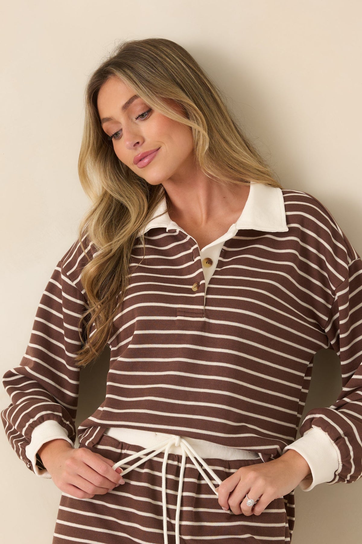 Free for the Day Chocolate Brown Striped Collared Pullover
