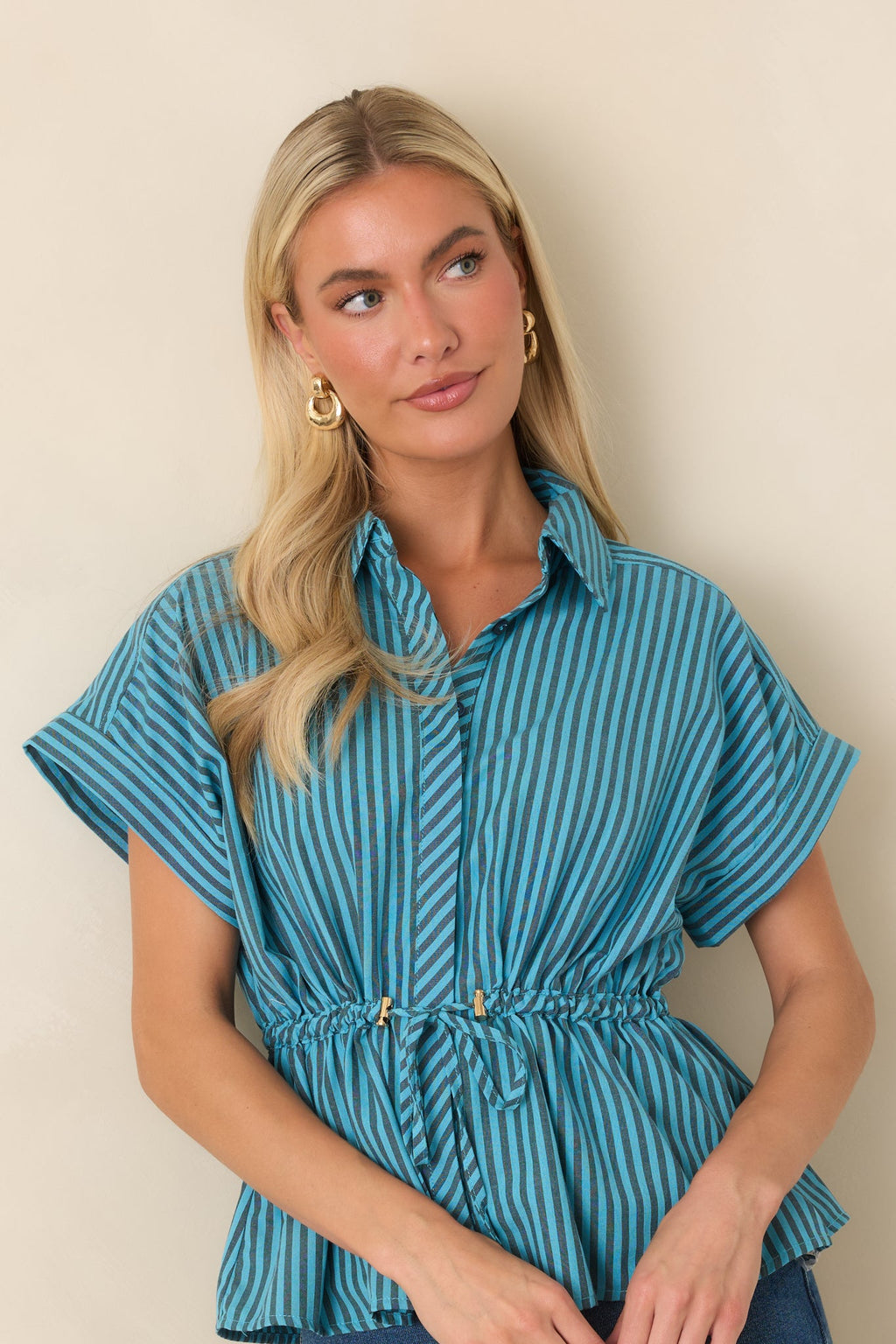 Drawing Attention Turquoise Striped Cinch Waist Top