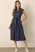 Always On Course Navy Striped Button Front Midi Dress