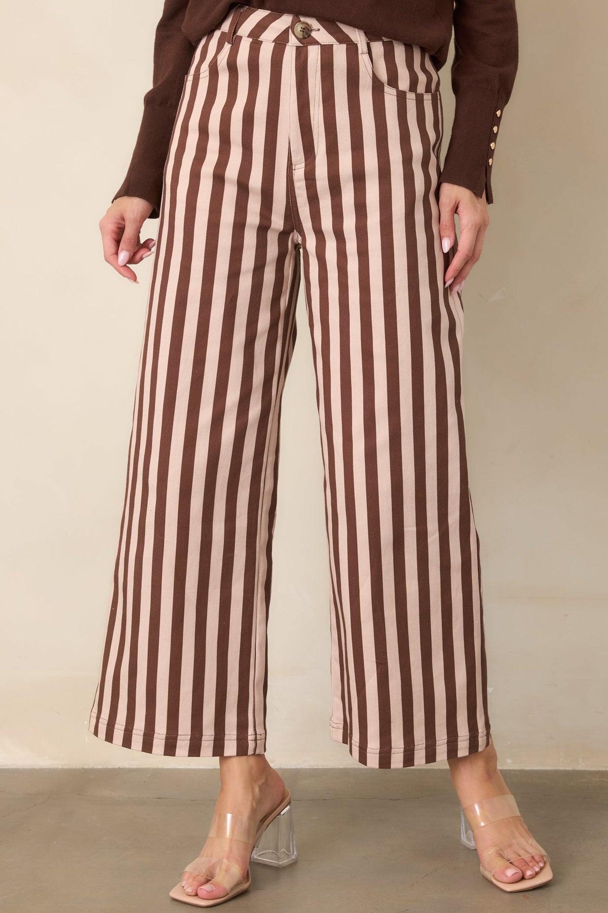 All Lined Up Brown Stripe Cotton Cropped Wide Leg Pants