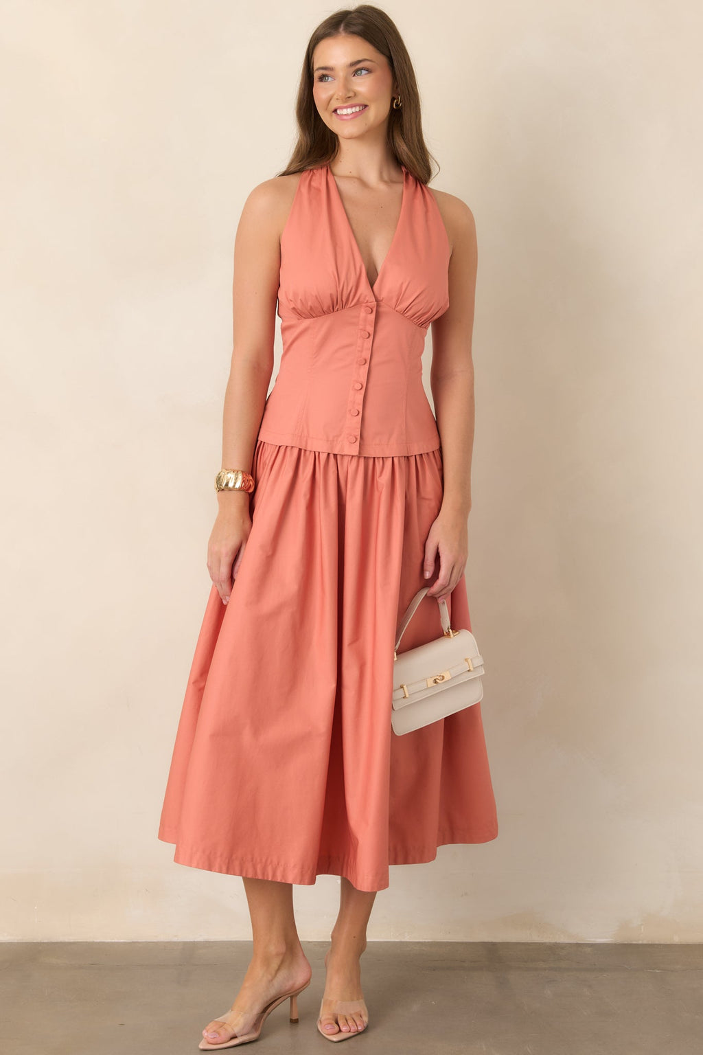 In the Warm Breeze Coral Orange Cotton Structured Bodice Sleeveless Midi Dress