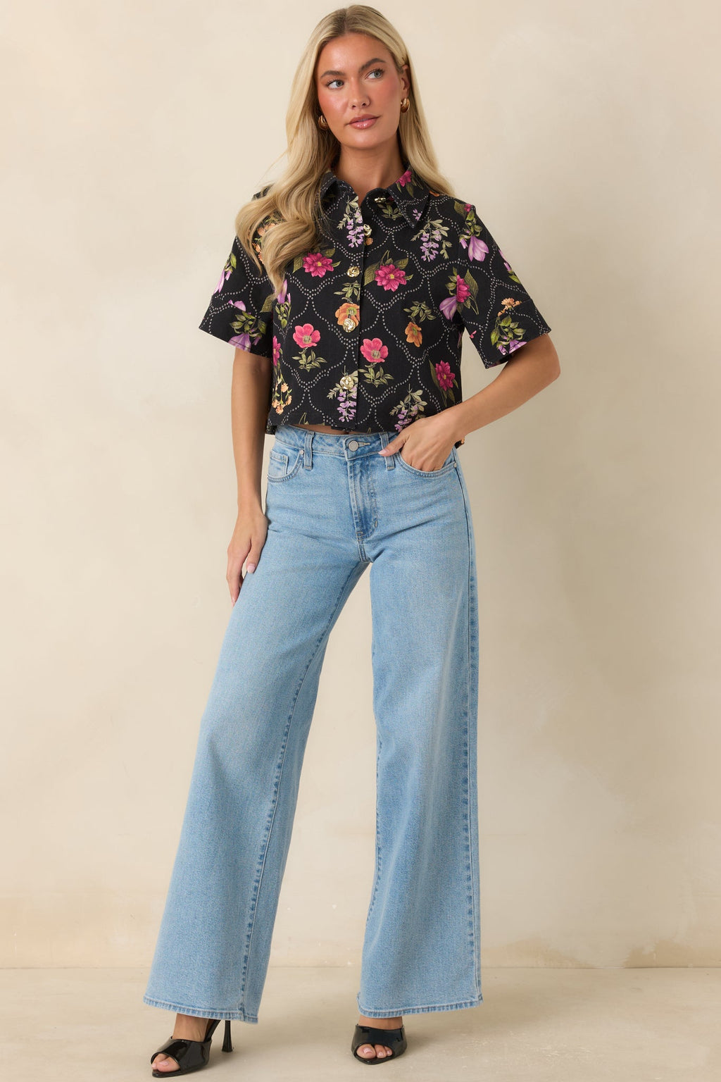 Consider Me Charmed Black Multi Floral Button Front Top