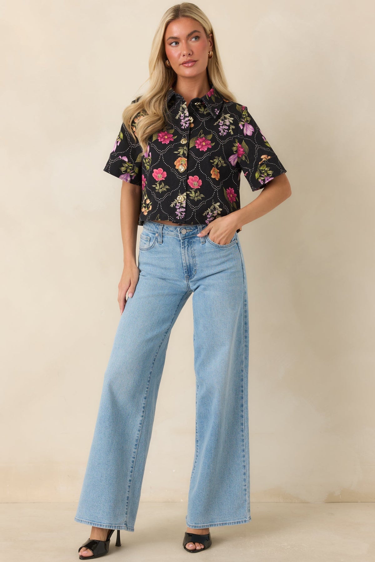 Consider Me Charmed Black Multi Floral Button Front Top