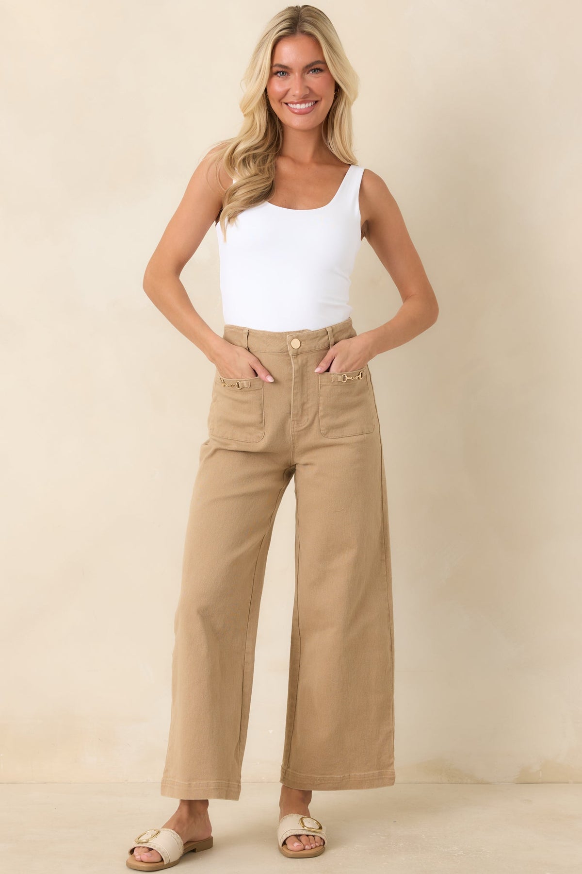 Stable Style Camel Horsebit Accent Wide Leg Denim Pants