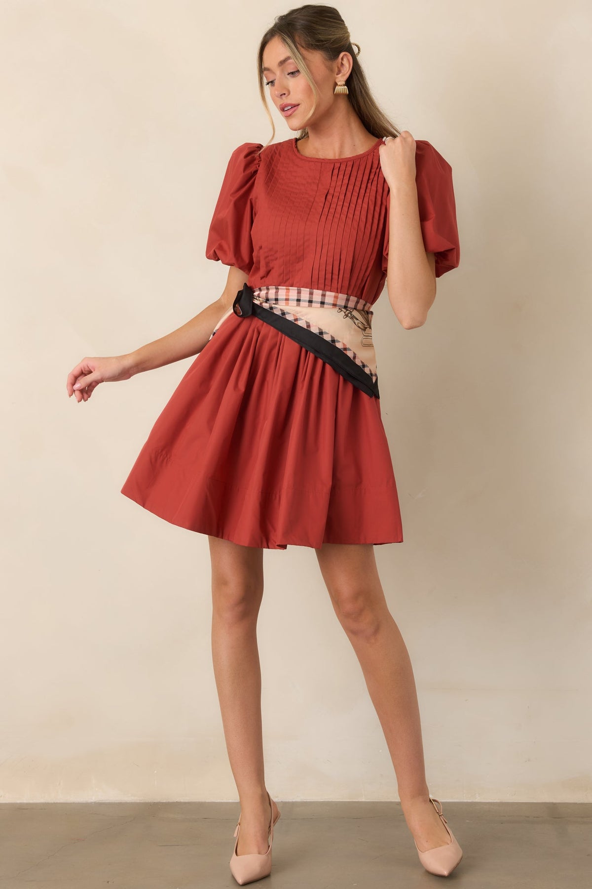 Pleats to Meet You Rust Red Pintuck Puff Sleeve Mini Dress