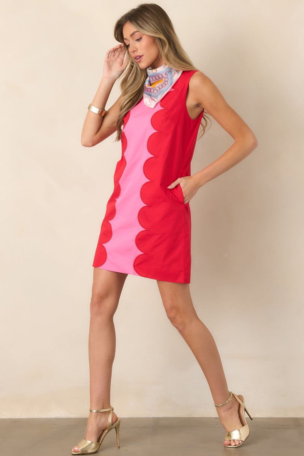 Mod About You Red & Pink Cotton Contrast Scallop Mini Dress
