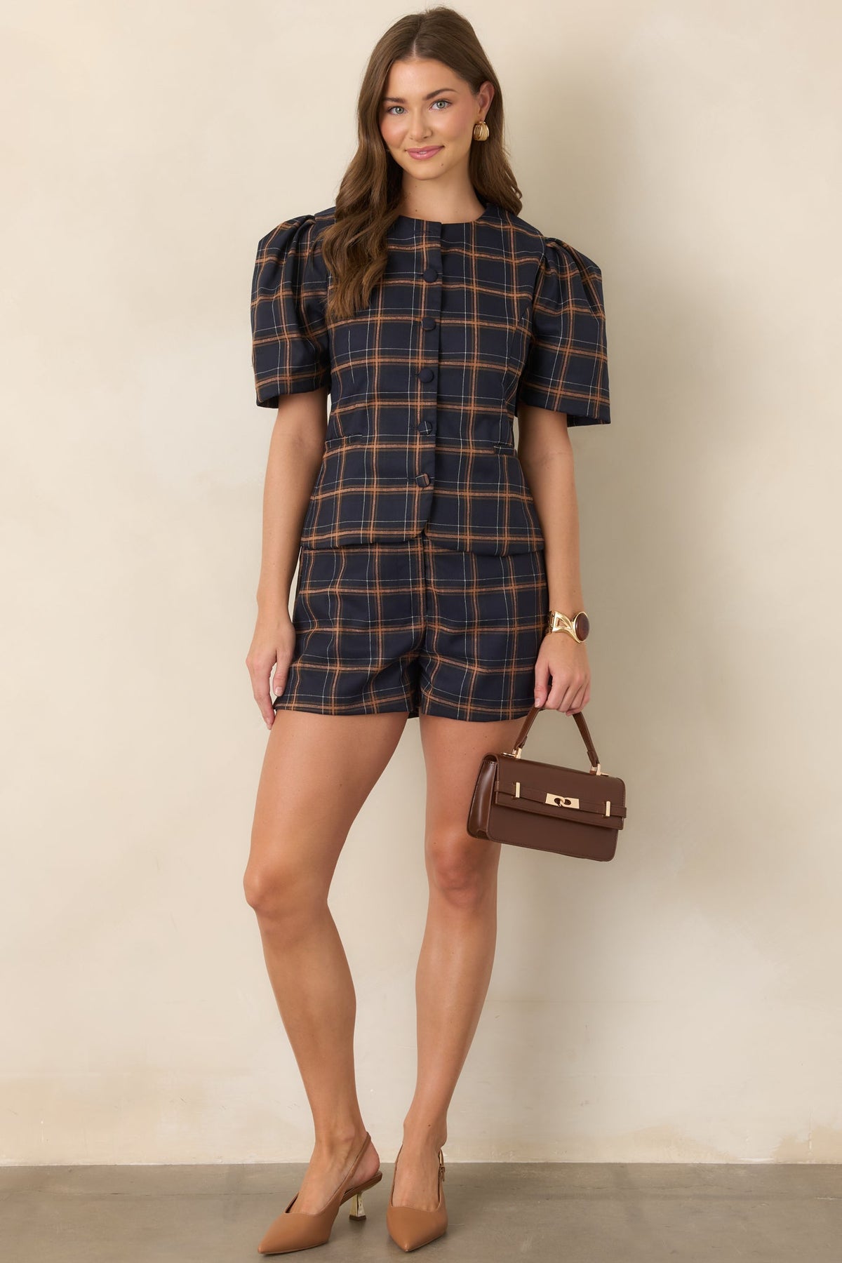 The Proper Sort Navy & Camel Plaid Puff Sleeve Top