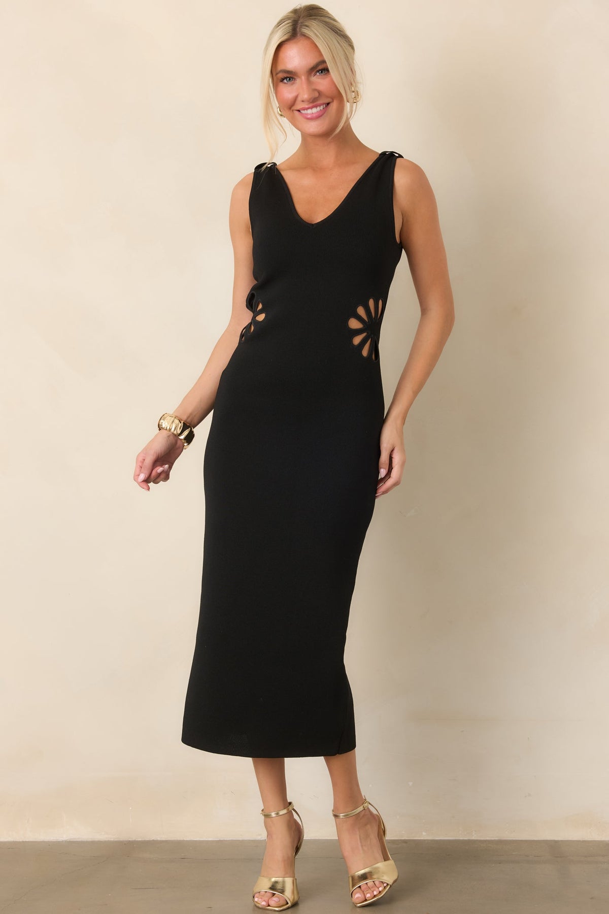 Nothing to Hide Black Floral Cutout Knit Midi Dress