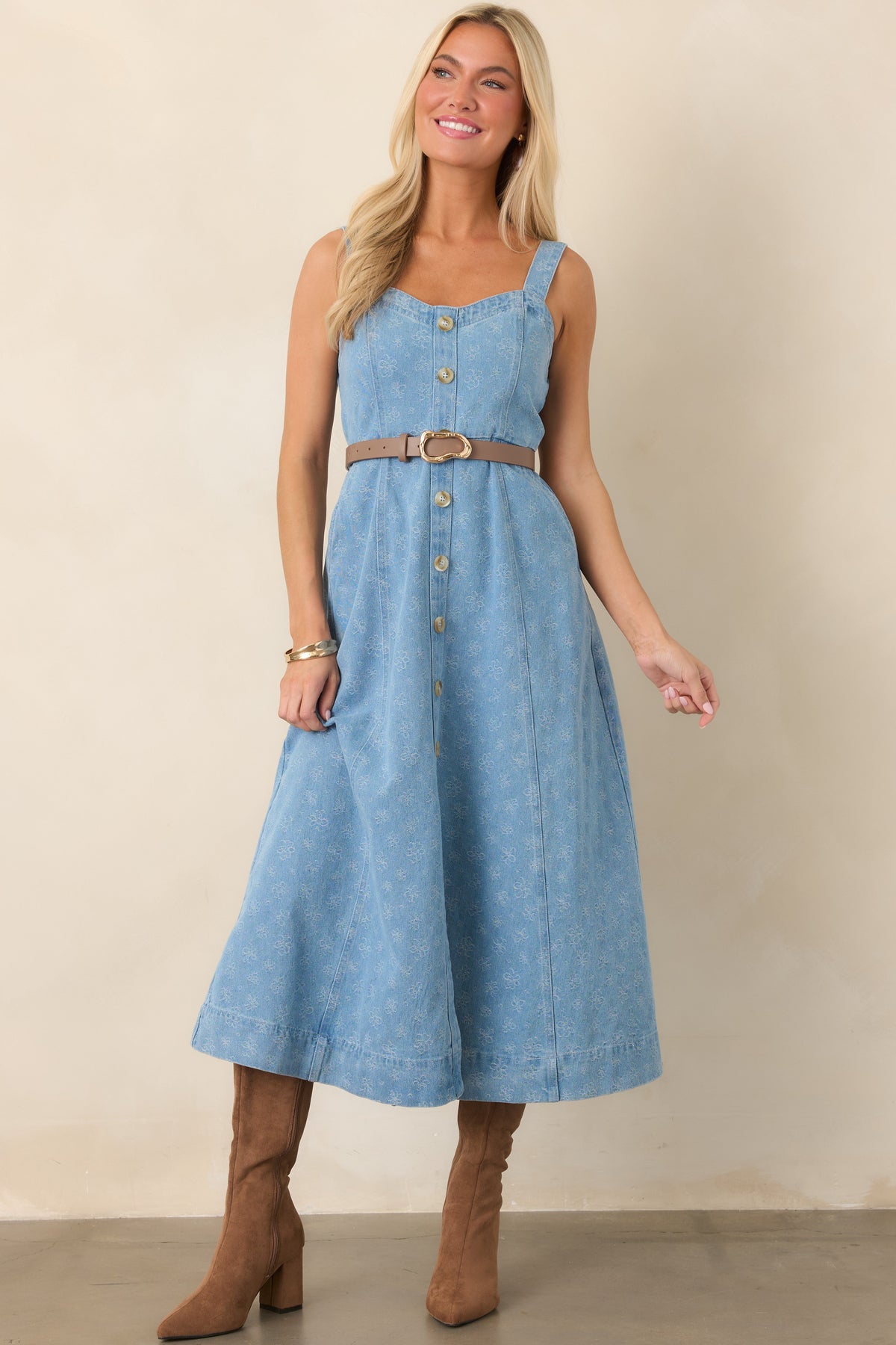 Dreaming in Blue Light Wash Denim Floral Midi Dress