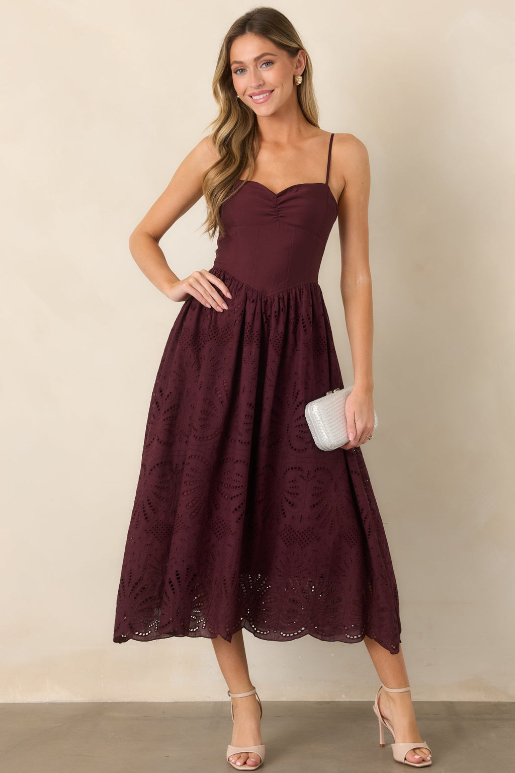 All the Romance Plum Eyelet Scallop Midi Dress