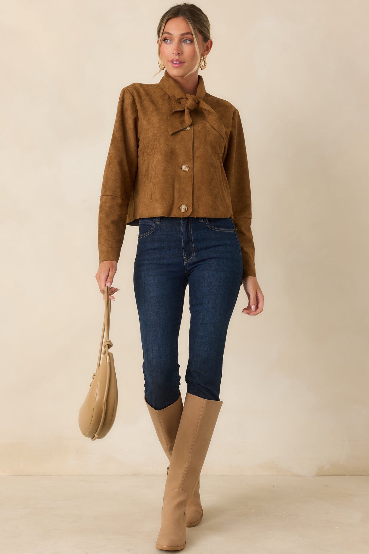 Tied to the Occasion Camel Faux Suede Tie Neck Jacket