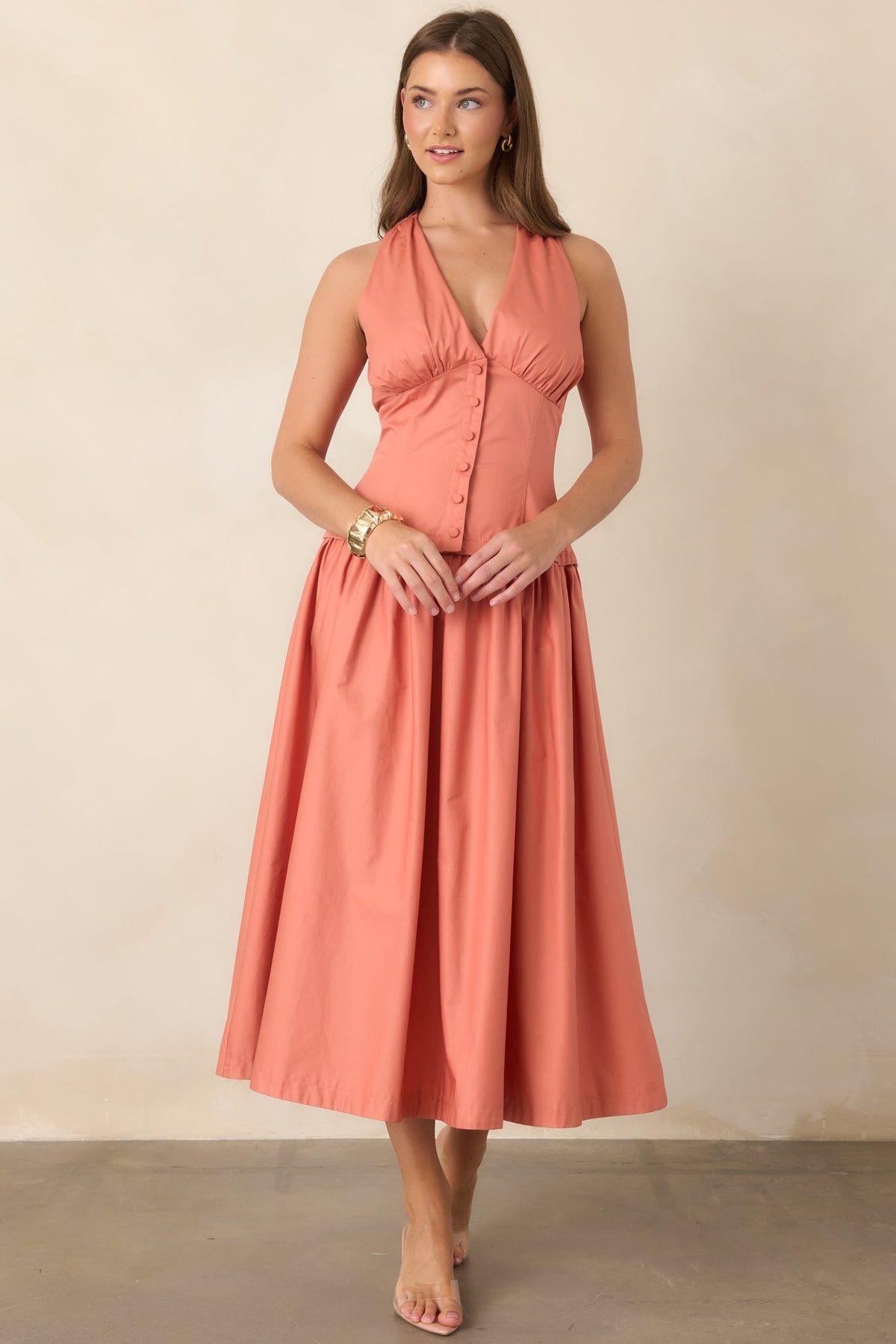In the Warm Breeze Coral Orange Cotton Structured Bodice Sleeveless Midi Dress