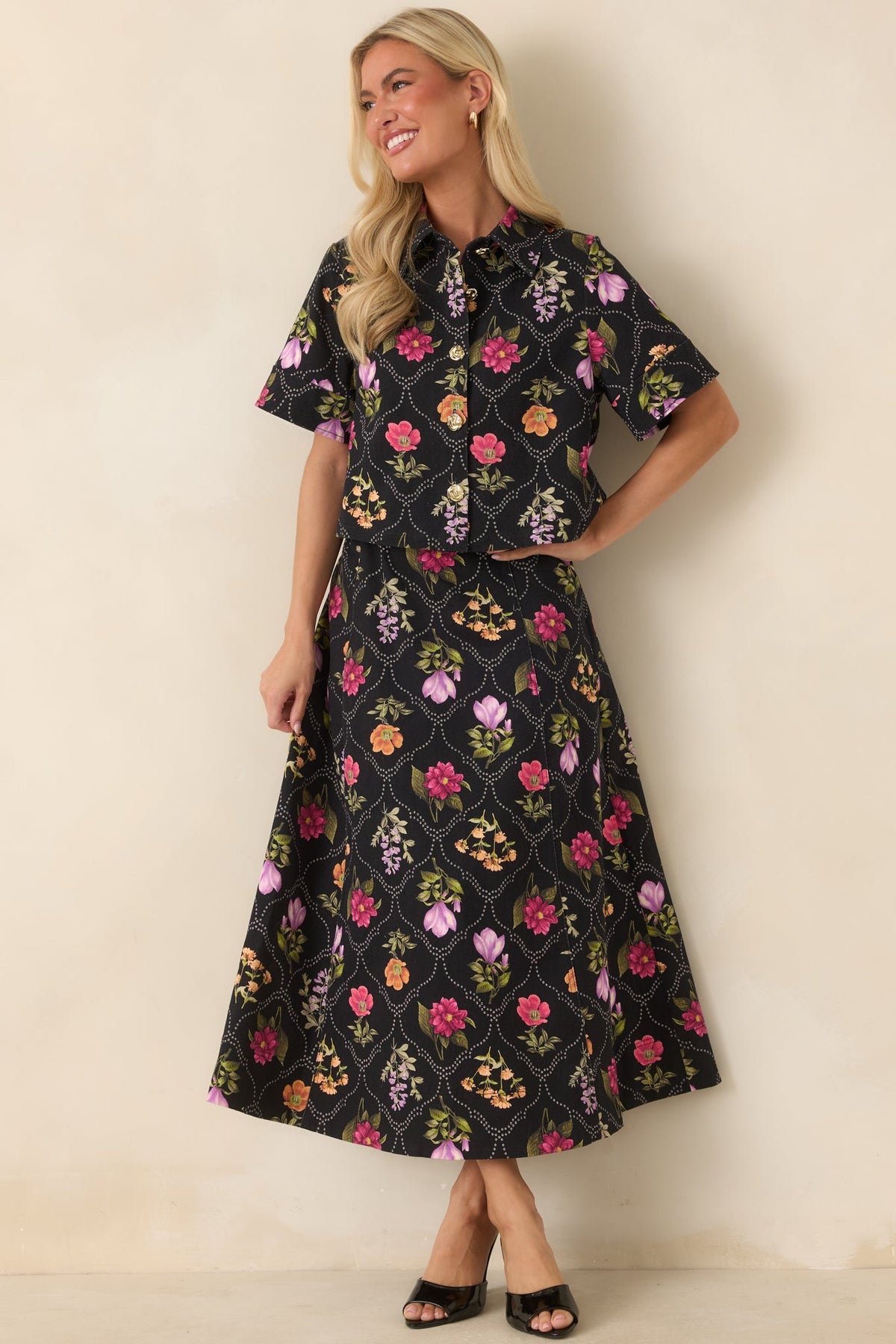 Consider Me Charmed Black Multi Floral Button Front Top