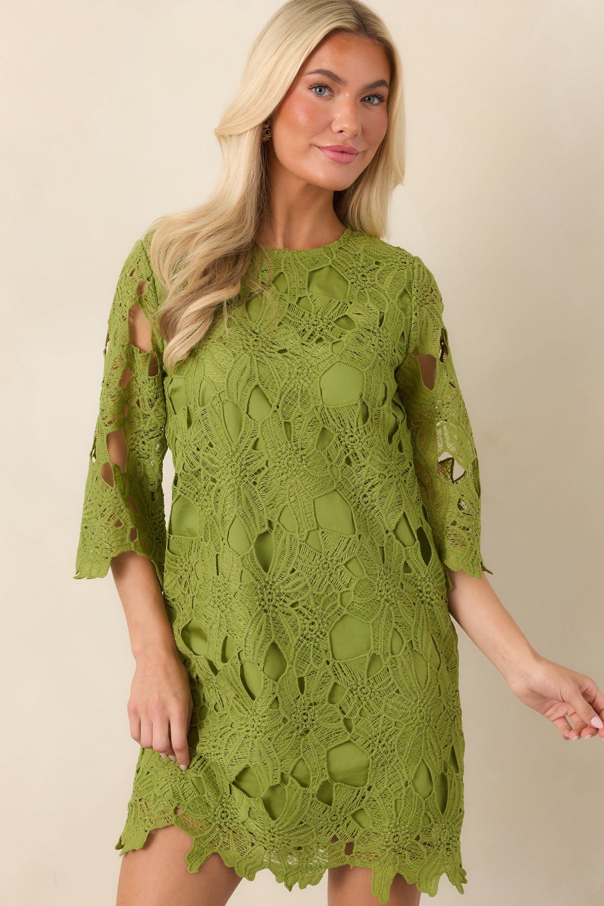 Laced With Intention Moss Green Openwork Lace Mini Dress