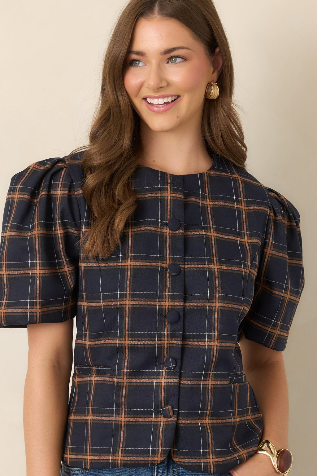The Proper Sort Navy & Camel Plaid Puff Sleeve Top