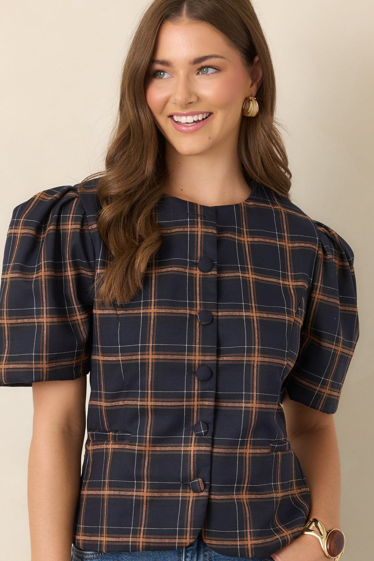 The Proper Sort Navy & Camel Plaid Puff Sleeve Top