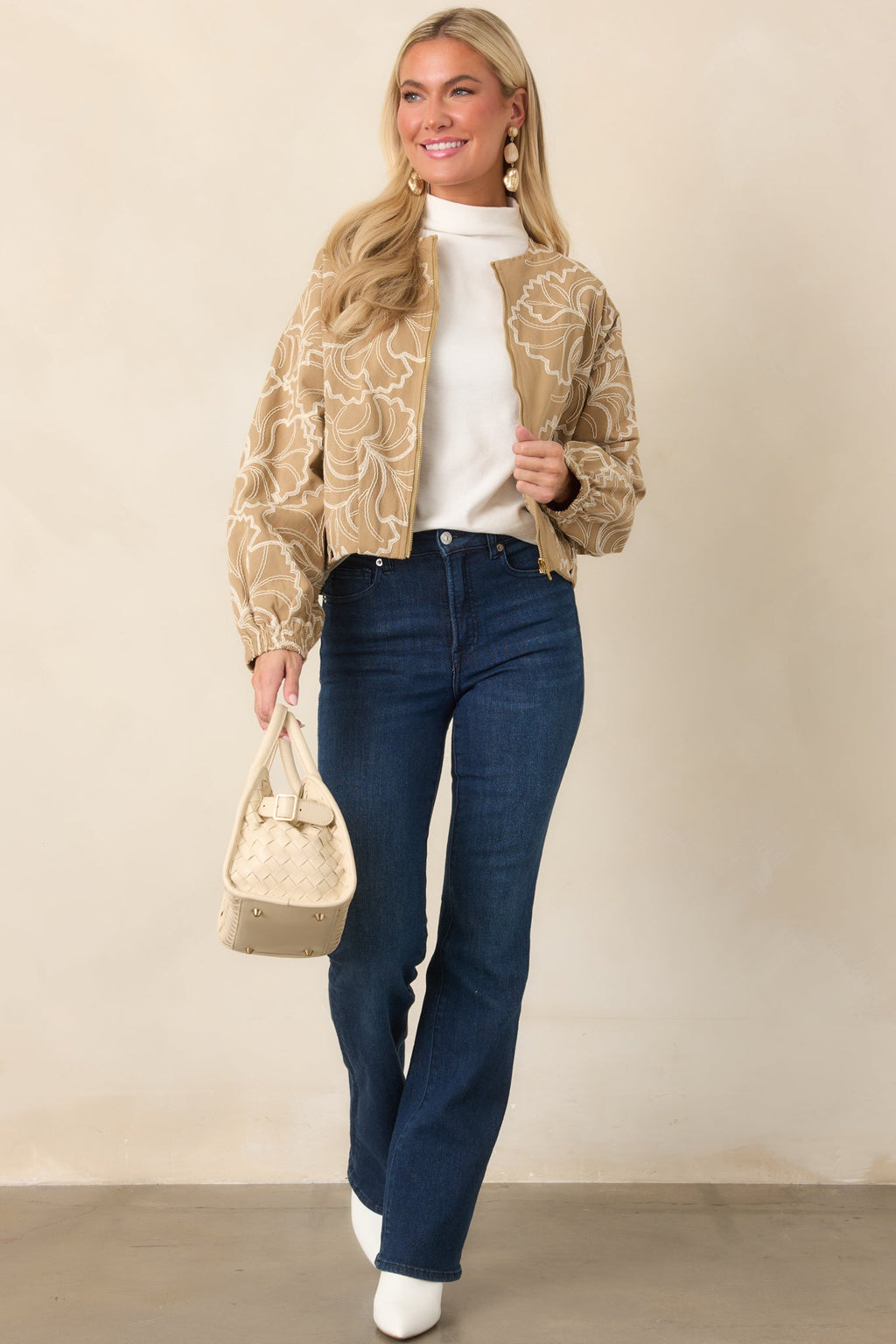 At Your Pace Tan Cotton Embroidered Zip up Jacket