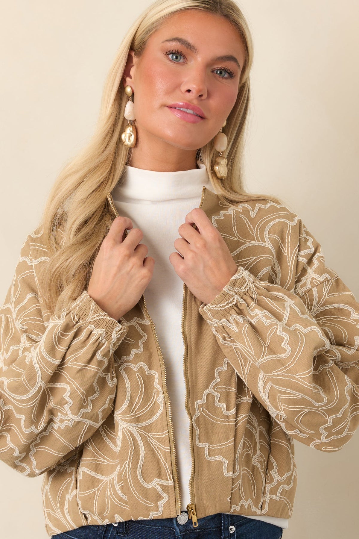 At Your Pace Tan Cotton Embroidered Zip up Jacket