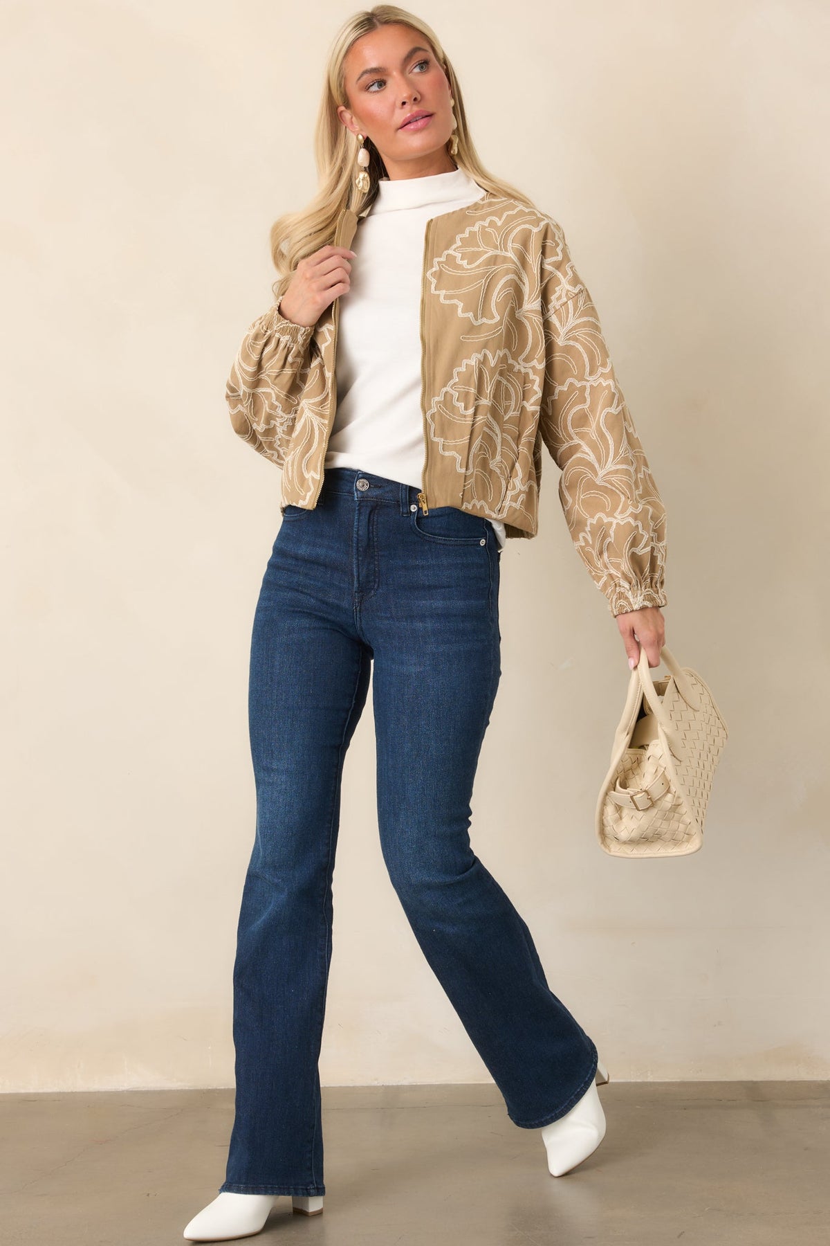 At Your Pace Tan Cotton Embroidered Zip up Jacket