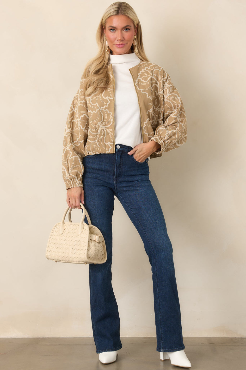 At Your Pace Tan Cotton Embroidered Zip up Jacket