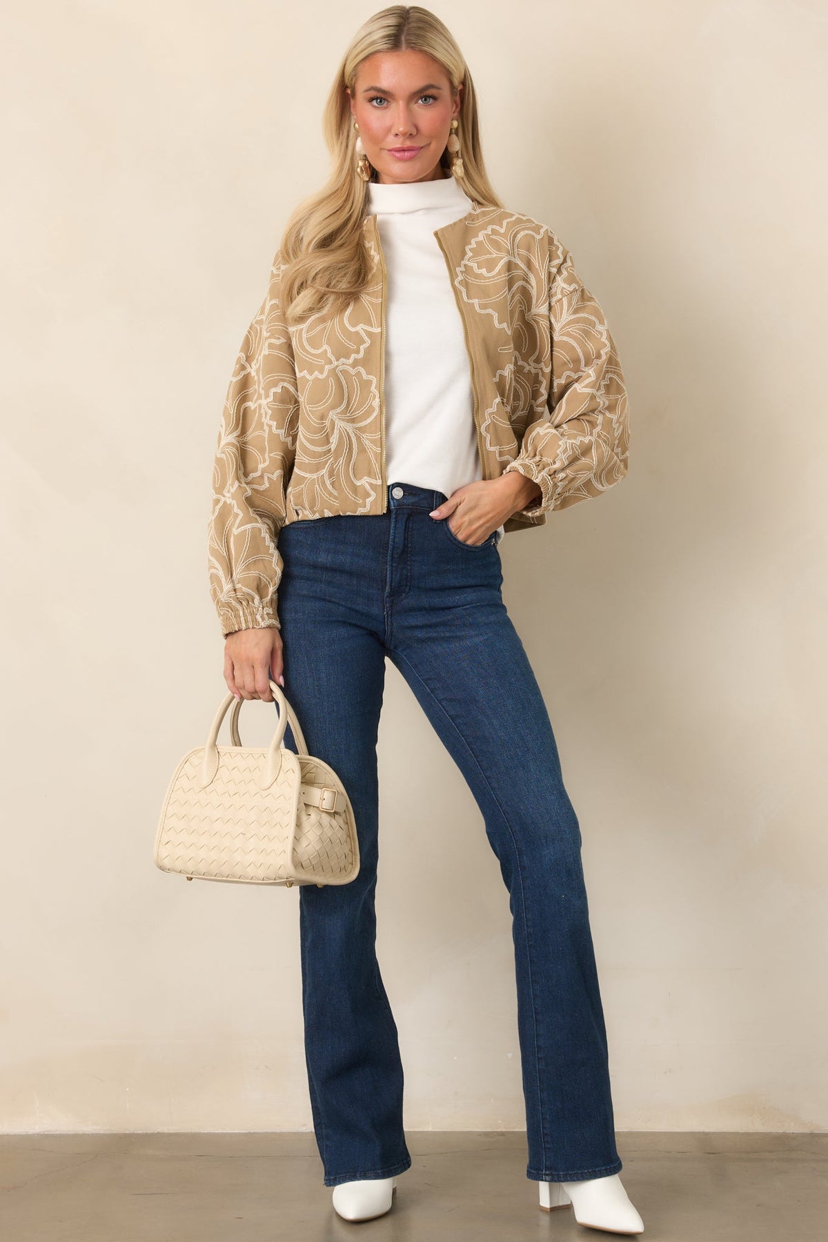 At Your Pace Tan Cotton Embroidered Zip up Jacket