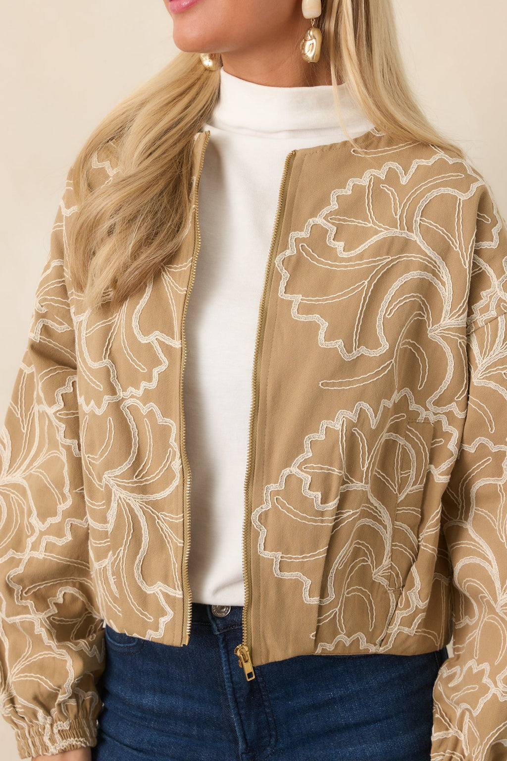 At Your Pace Tan Cotton Embroidered Zip up Jacket