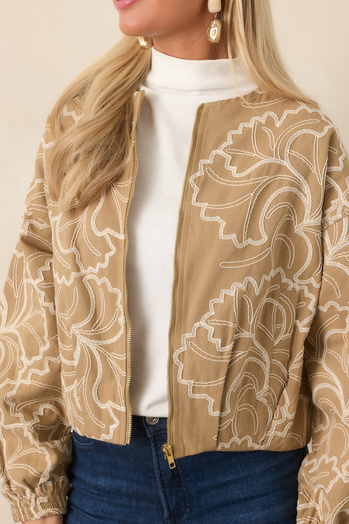 At Your Pace Tan Cotton Embroidered Zip up Jacket
