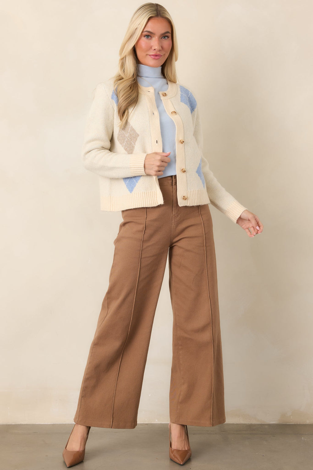 Goes Without Saying Natural Multi Knit Argyle Button Up Cardigan Sweater
