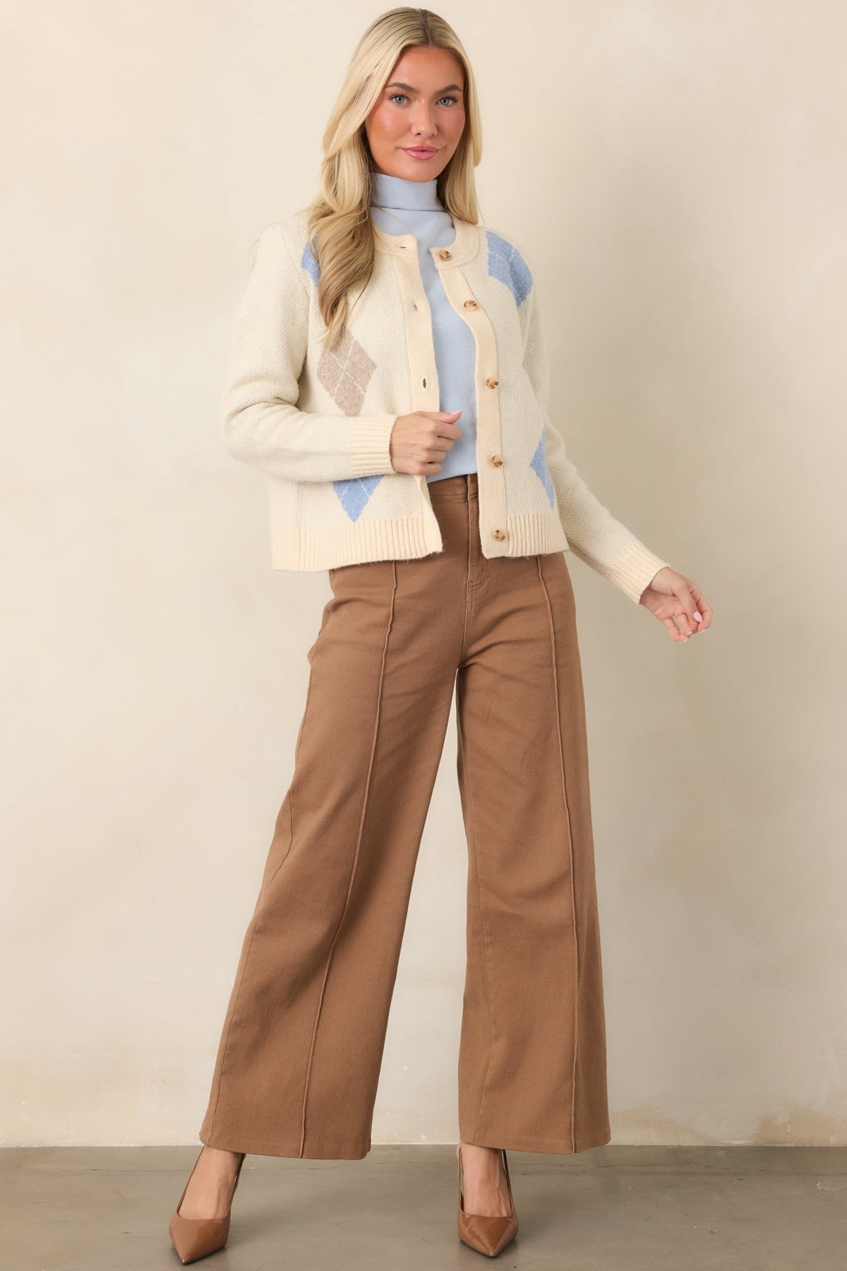Goes Without Saying Natural Multi Knit Argyle Button Up Cardigan Sweater