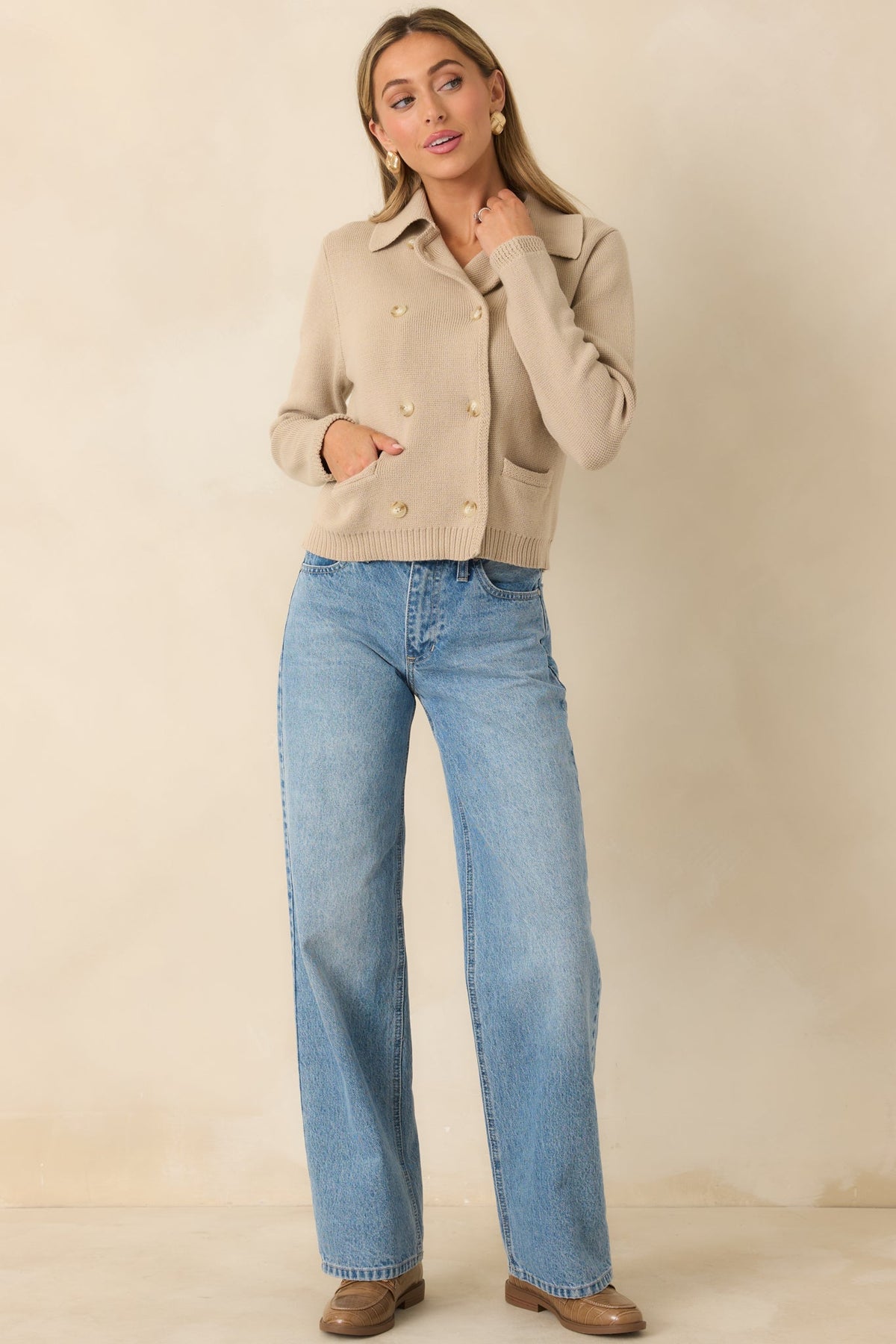 Well Kept Secrets Taupe Knit Cotton Double Breasted Cardigan